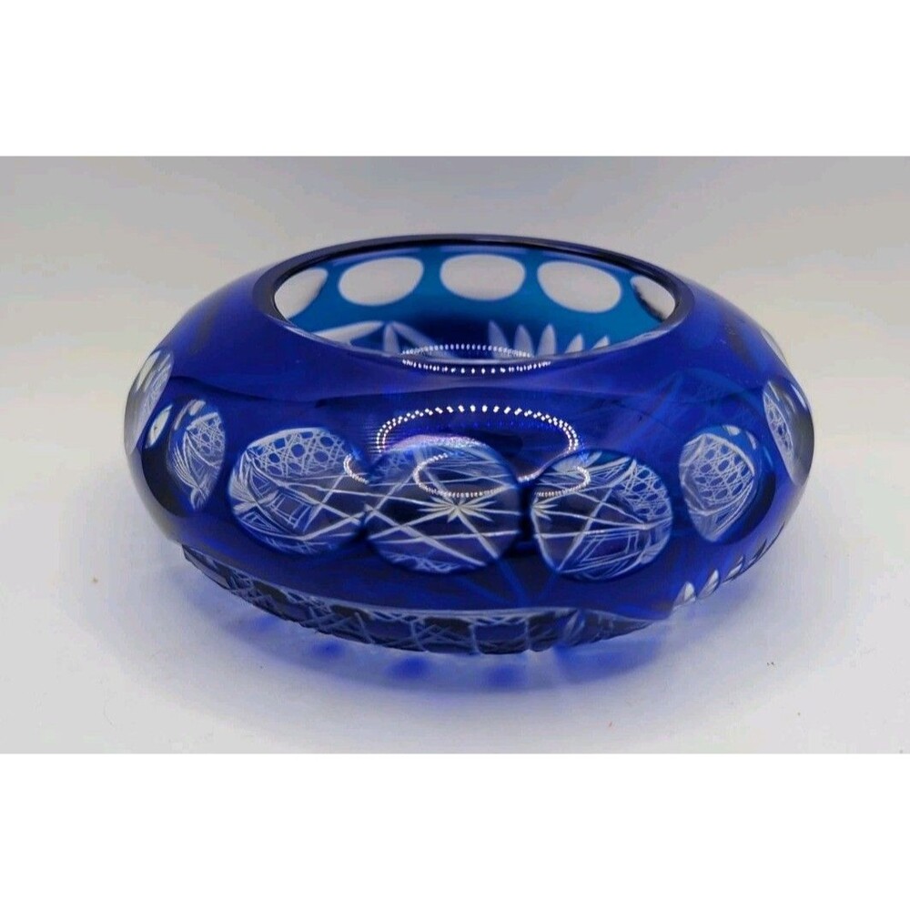 Vintage Bohemian Czech Cobalt Blue Cut To Clear Crystal Bowl 5.5"